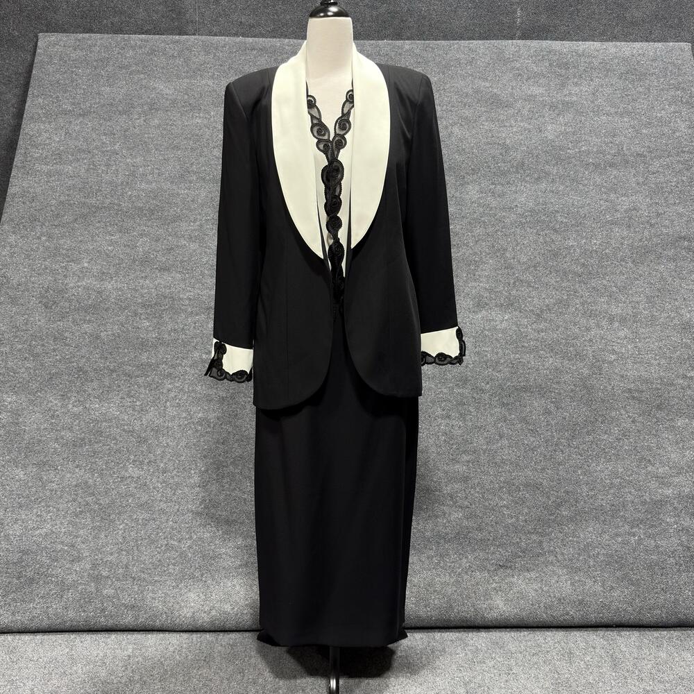 Anne French Skirt Suit Womens 12 Black White Shawl Collar Lace Trim Formal Set